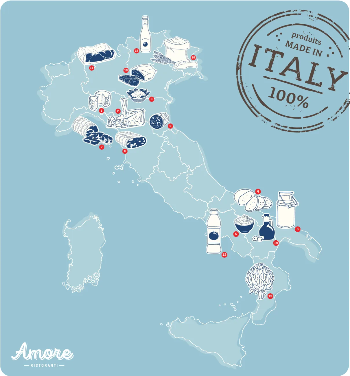 Carte d'Italie illustrée indiquant la région d'origine de nos produits, numérotés de 1 à 16.